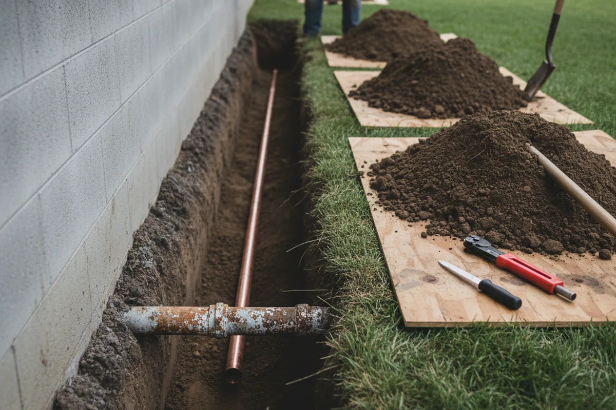 Excavated water line trench during Water Softener Installation in Chesterville